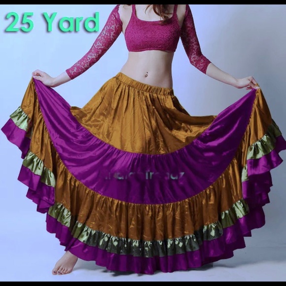 Gold, Green, Magenta. Dresses & Skirts - 25 Yds. Satin tiered Skirt Tribal Belly Dance.New Gold, Green, Magenta. Dresses & Skirts - 25 Yds. Satin tiered Skirt Tribal Belly Dance.New
